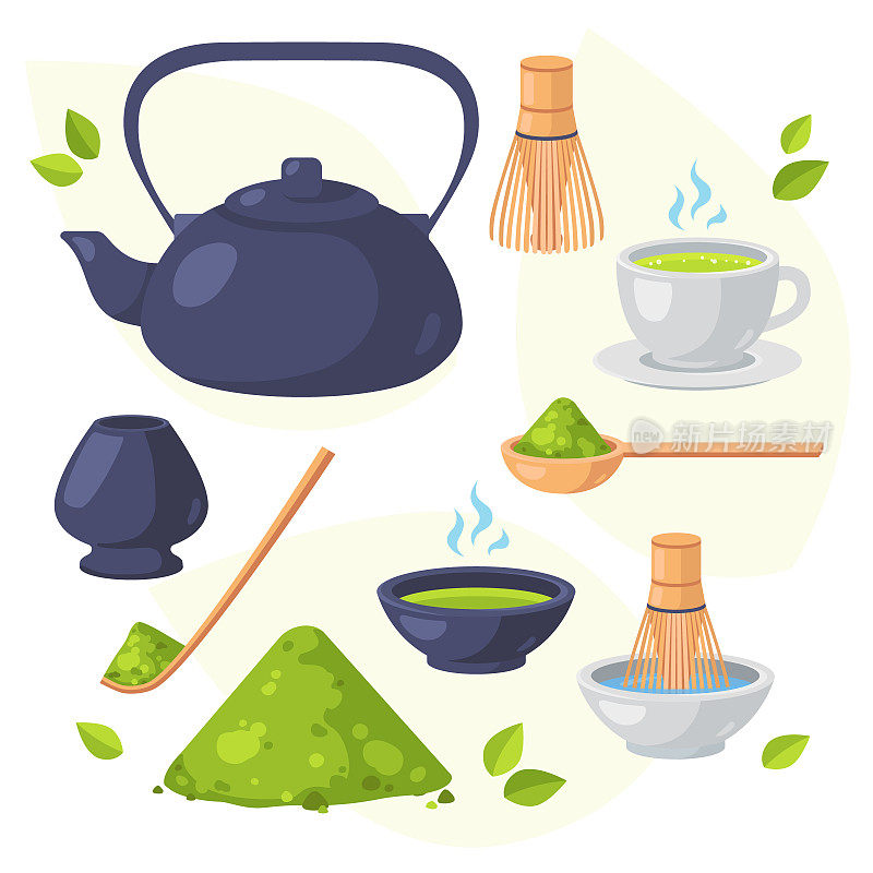 Japanese ethnic and national tea ceremony. Collection of matcha tea products. Matcha powder, teapot, bamboo spoon, tea leaves, chasen, cha shaku, chawan. Cartoon vector set.
